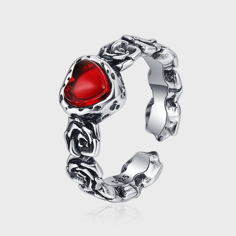 Anello Vintage in Argento a Forma di Cuore con Rosa