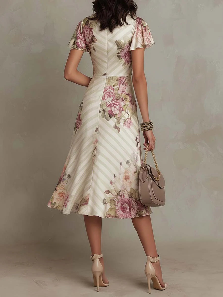 ESSENZIALE - Alba | Elegante Vestito Midi in Seta Retro Floreale ✨