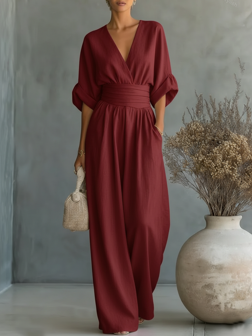 ESSENZIALE - Elegante Tuta Estiva a V con Vita Alta