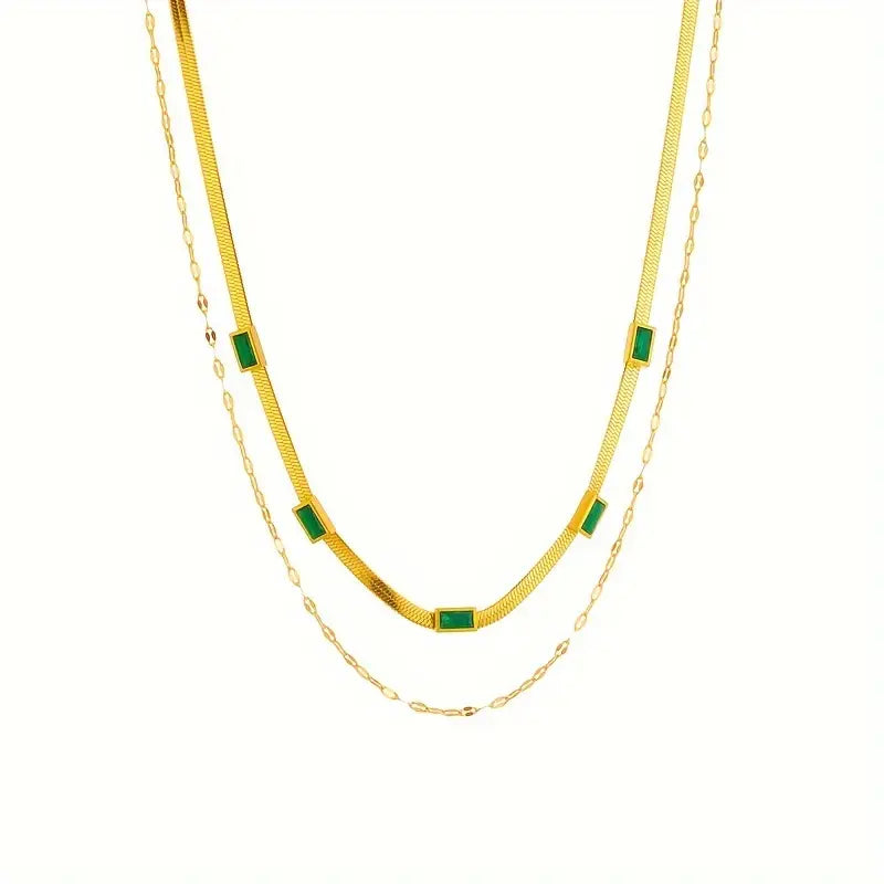 Collana Doppia color oro con Pietra Verde Vintage