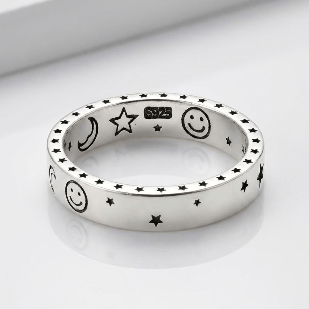 ANELLO color argento CON LUNA FELICE E STELLE - (REGOLABILE)