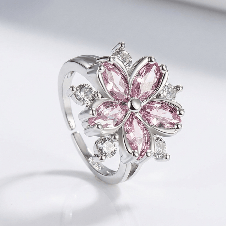 ANELLO color argento CRISTALLO CON FIORI DI CILIEGIO ROSA - (REGOLABILE)