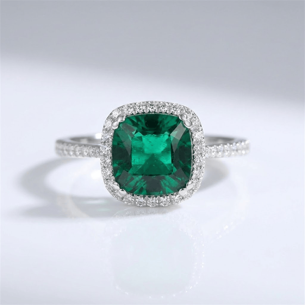 ANELLO A CUSCINO CON HALO IN EMERALDO VERDE