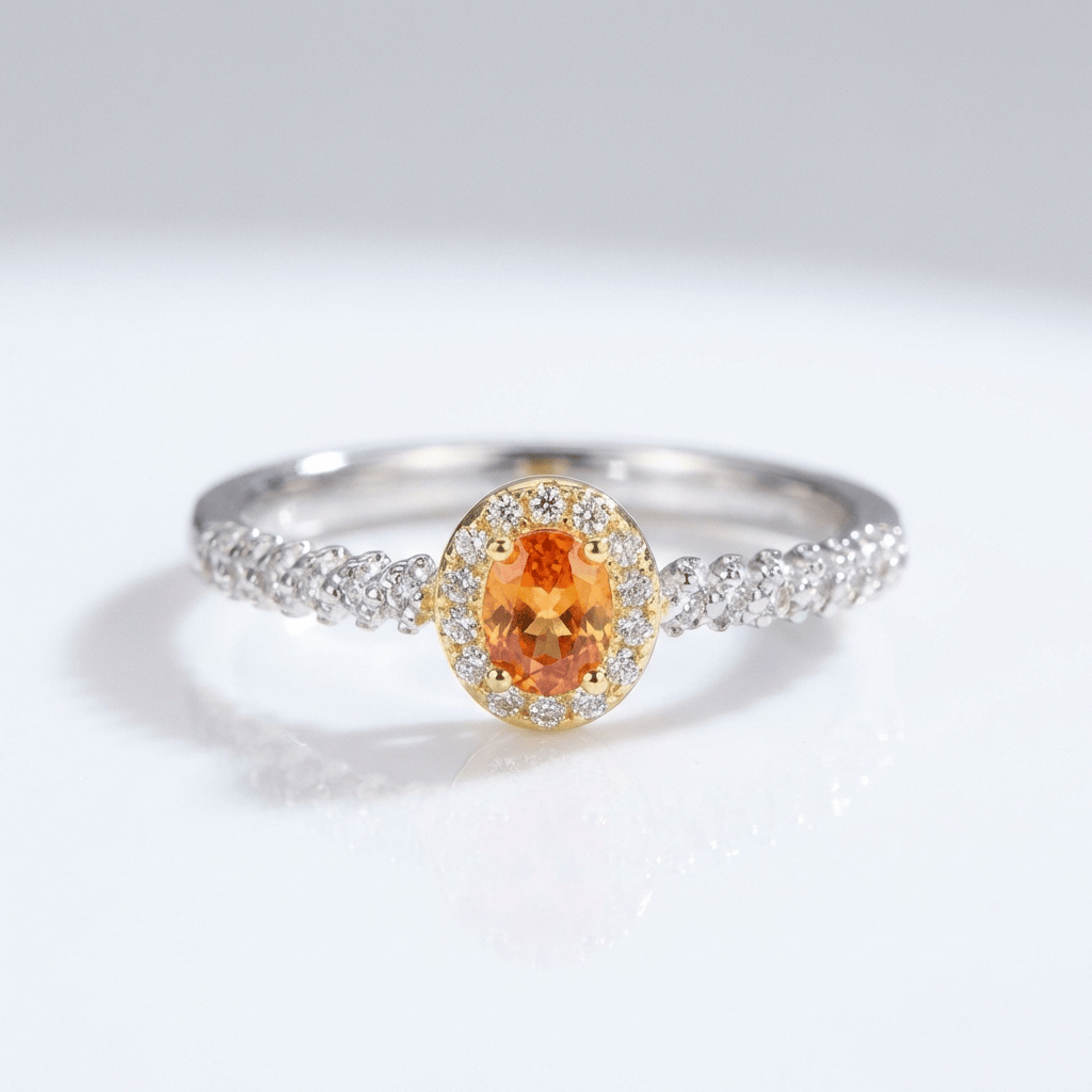 ANELLO HALO IN TOPAZIO ARANCIONE ARGENTO - (REGOLABILE)