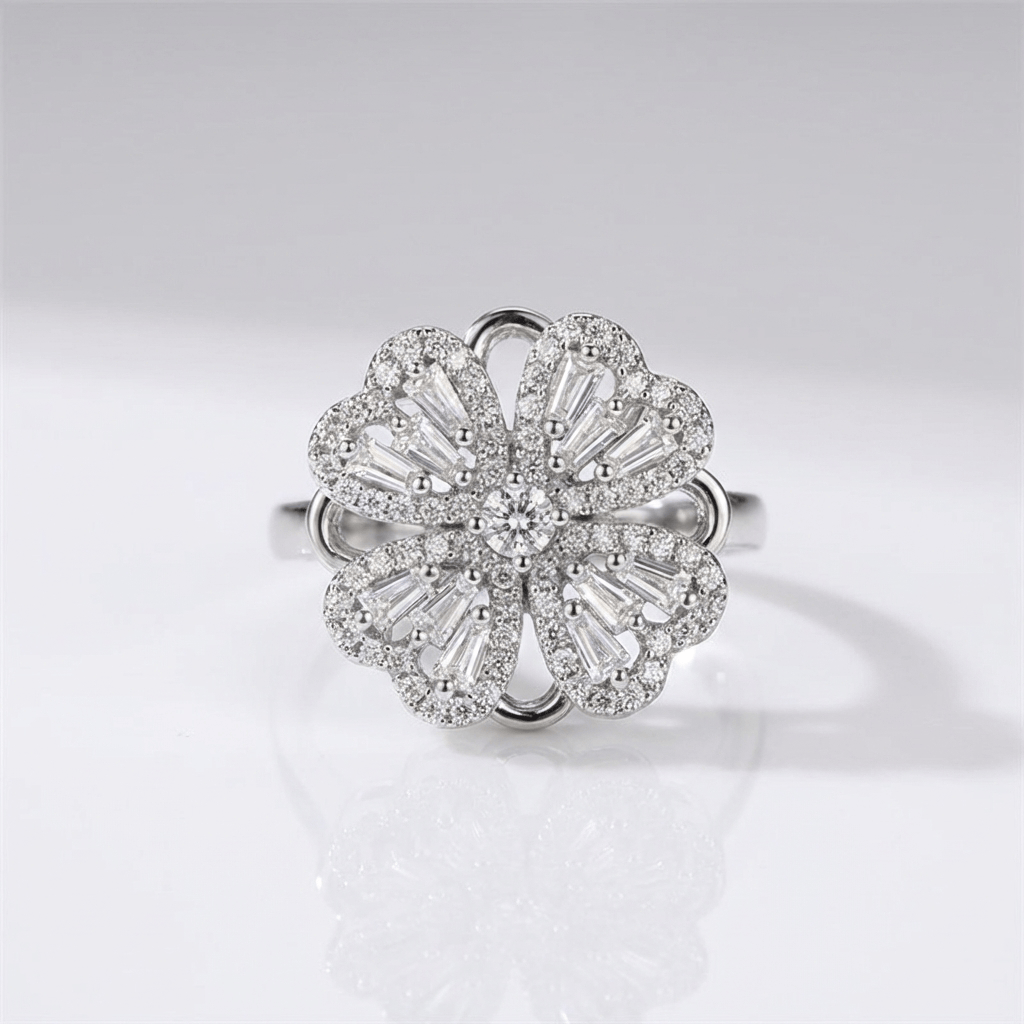 ANELLO A FIORE ROTANTE IN ZIRCONIA BAGUETTE - (REGOLABILE)