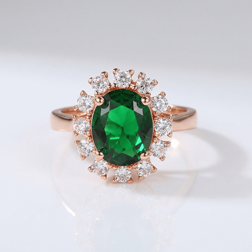 ANELLO HALO IN Zirconia EMERALD ORO ROSA - (REGOLABILE)