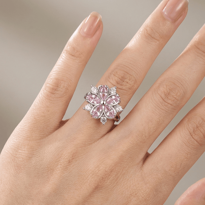 ANELLO color argento CRISTALLO CON FIORI DI CILIEGIO ROSA - (REGOLABILE)