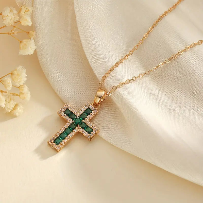 Collana color oro Croce Pietra Verde Sacra