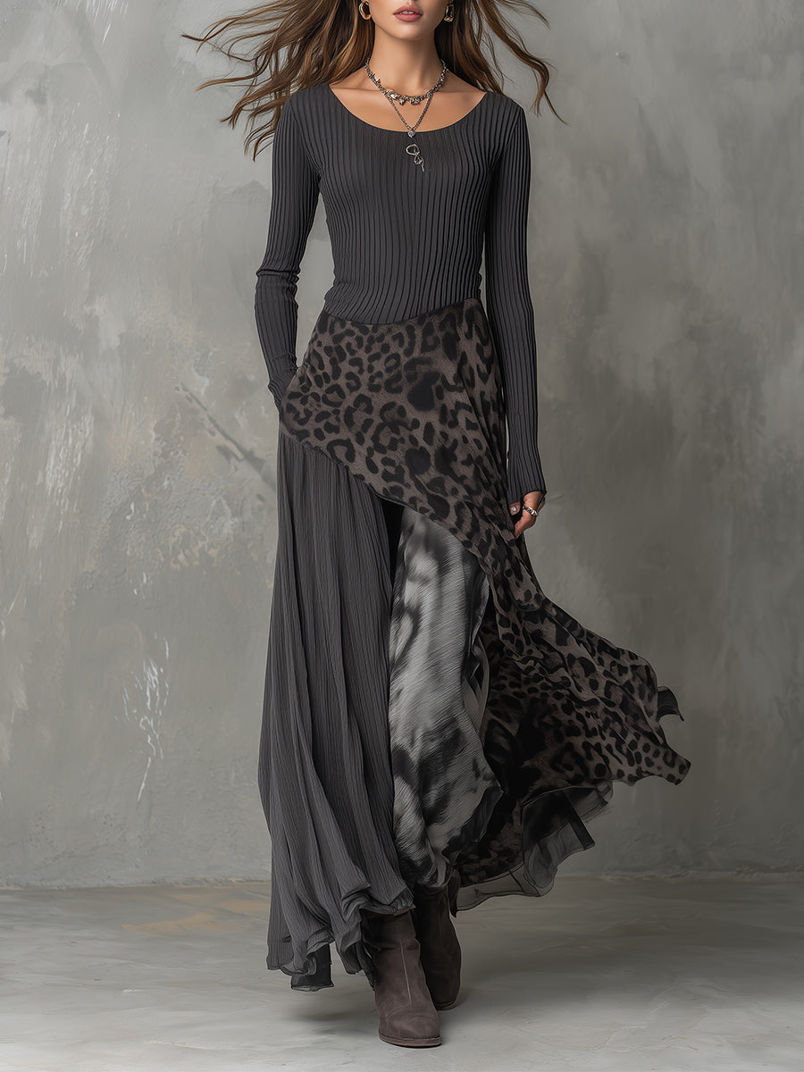 Martina - Vestito lungo in stile bohemien con stampa leopardata