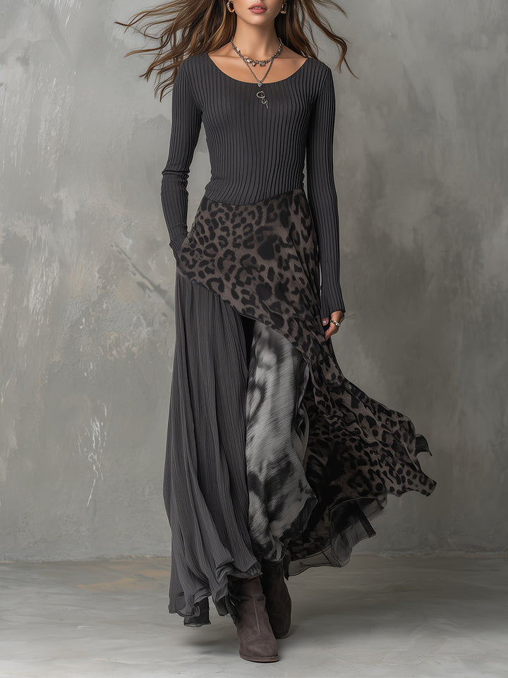 Martina - Vestito lungo in stile bohemien con stampa leopardata