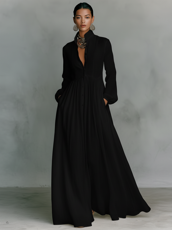 ESSENZIALE - Maxi Abito Minimalista in Cotone e Lino con Patchwork, Collo Alto e Maniche Lunghe