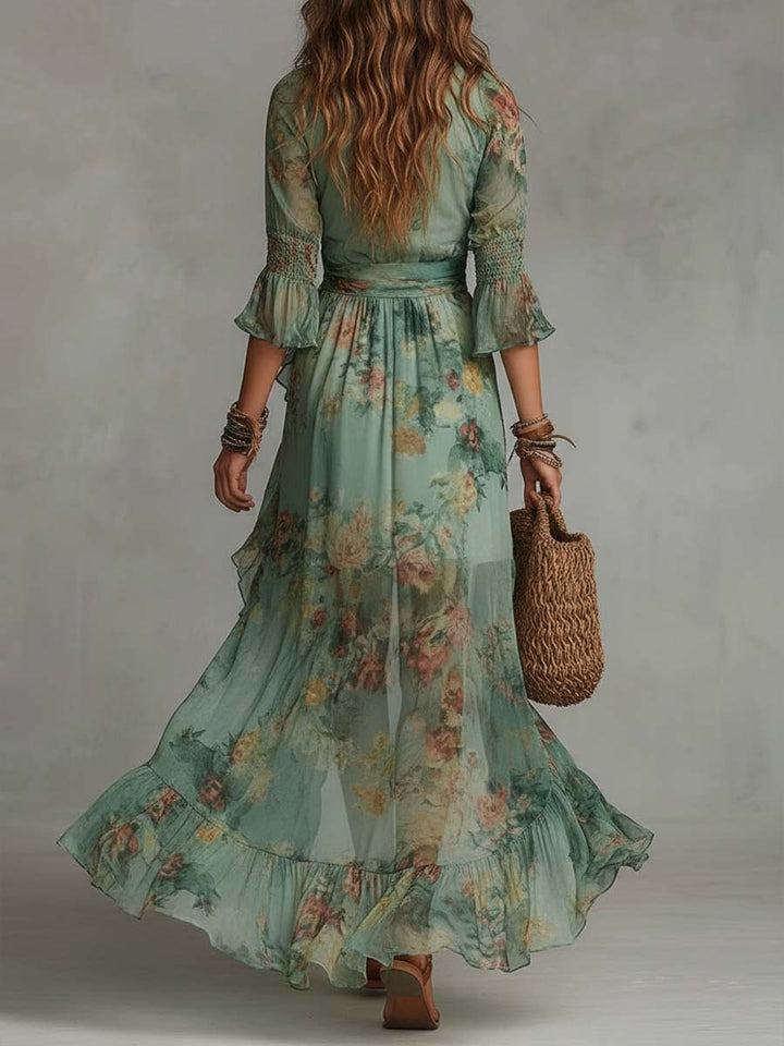 Aurora – Abito Maxi Boho a Fiori con Orlo Asimmetrico Romantico