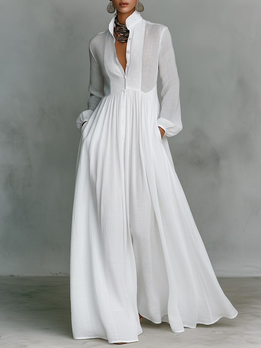 ESSENZIALE - Maxi Abito Minimalista in Cotone e Lino con Patchwork, Collo Alto e Maniche Lunghe