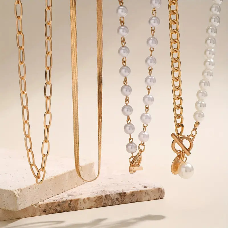 Set Collana Perla & Catena Serpente Vintage | Oro