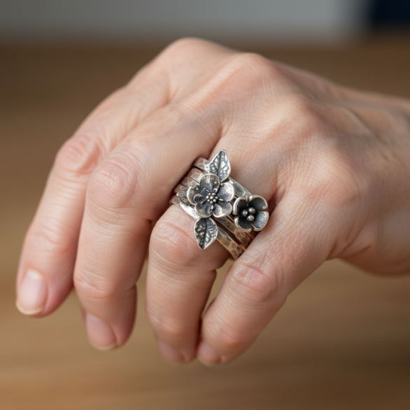 Anello a strati color argento con fiori vintage