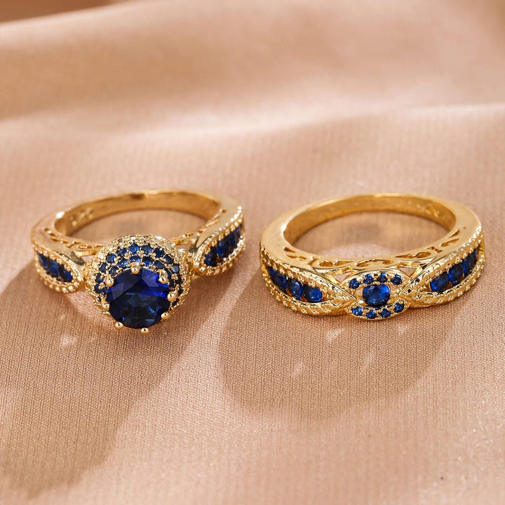 Set di Anelli in Pietra Blu Dorato Victoria