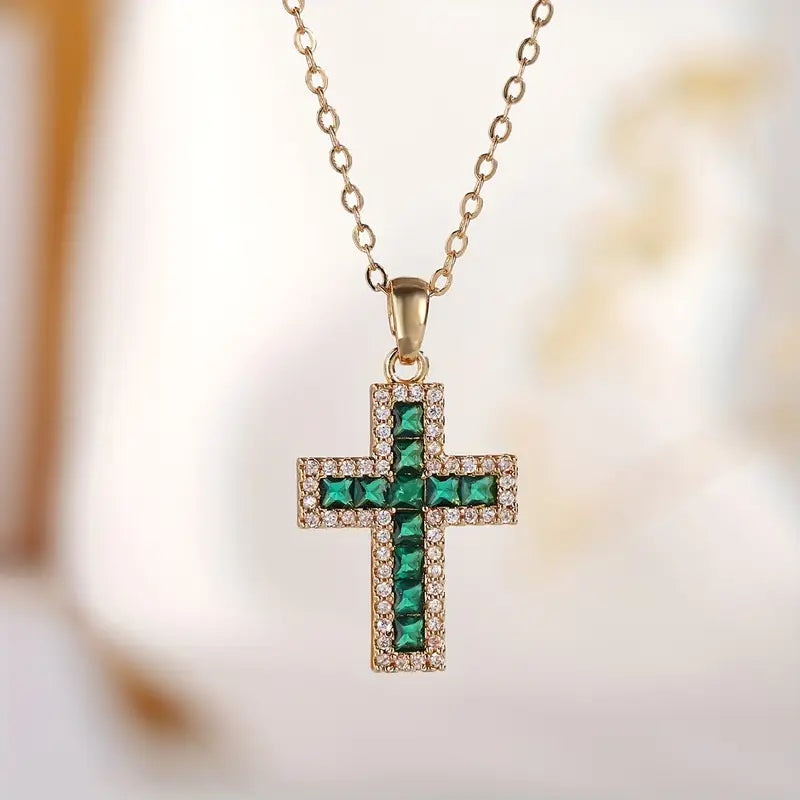 Collana color oro Croce Pietra Verde Sacra