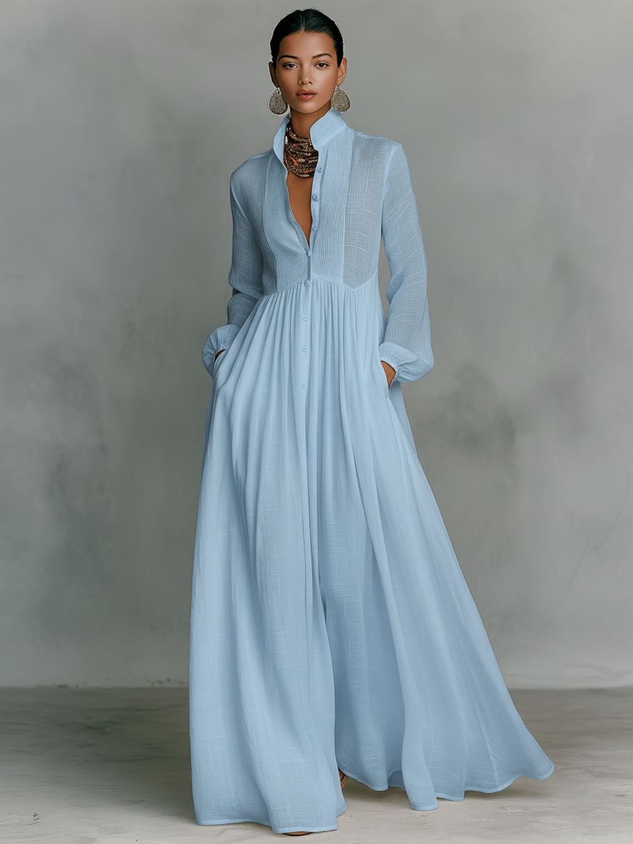 ESSENZIALE - Maxi Abito Minimalista in Cotone e Lino con Patchwork, Collo Alto e Maniche Lunghe