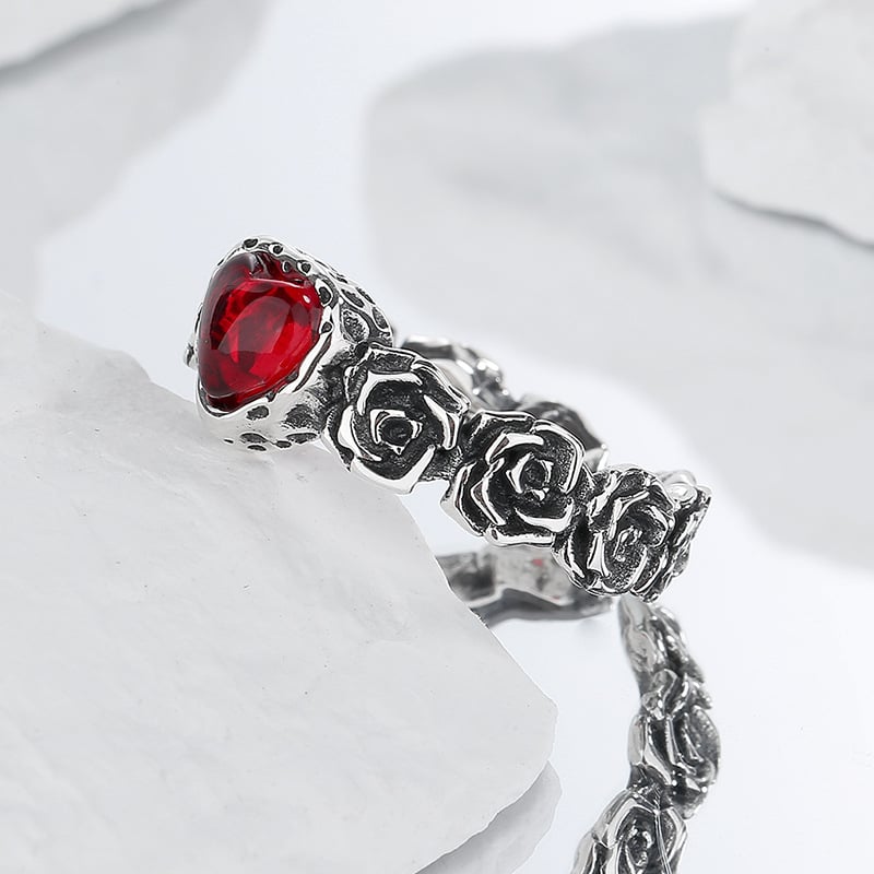 Anello Vintage in Argento a Forma di Cuore con Rosa