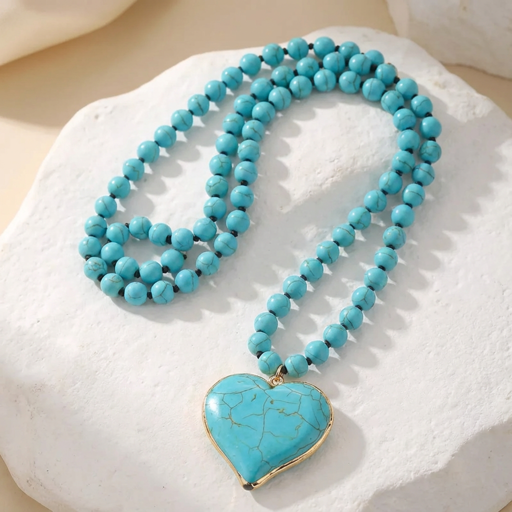 Collana di Perline con Cuore di Gemma Turchese