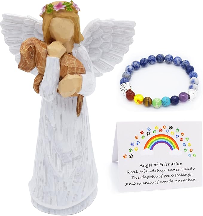 Set Regalo in Memoria del Cane con Statua dell'Angelo dell'Amicizia e Bracciale Chakra del Ponte Arcobaleno