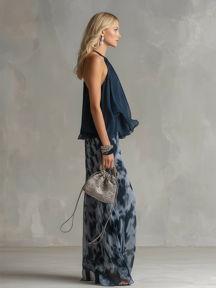 ESSENZIALE - Ludovica – Set elegante in chiffon con top a collo alto e pantaloni a gamba larga stampati