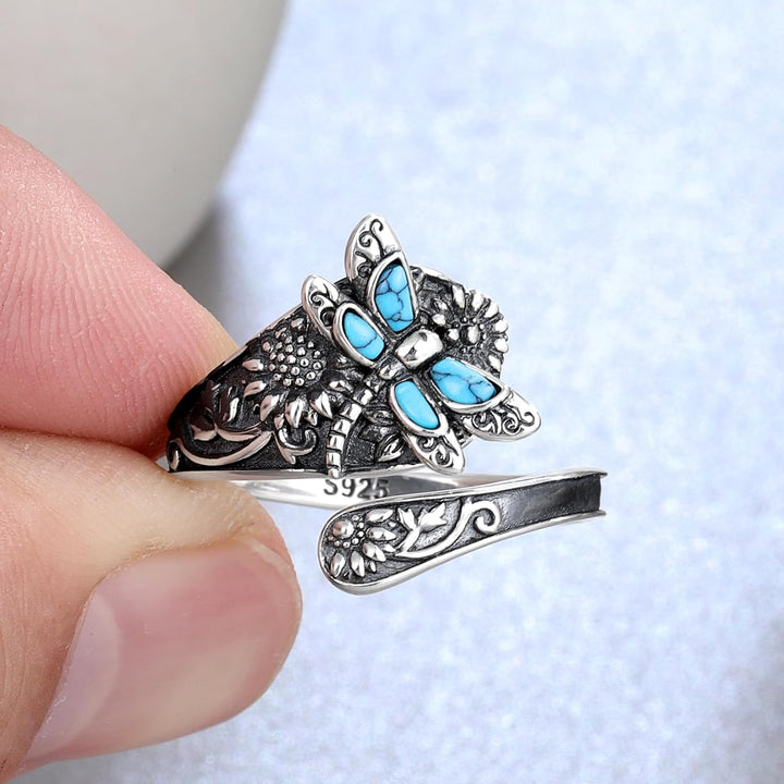 Anello a Cucchiaio color argento con Turchese – Anello Vintage Boho con Libellula