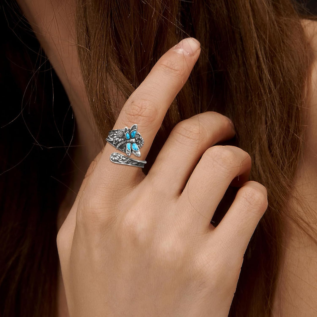 Anello a Cucchiaio color argento con Turchese – Anello Vintage Boho con Libellula