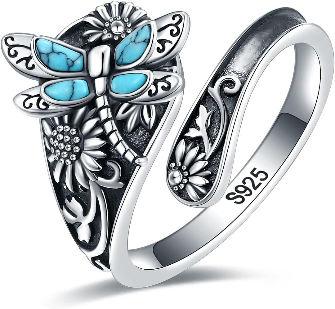 Anello a Cucchiaio color argento con Turchese – Anello Vintage Boho con Libellula