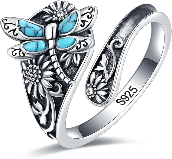 Anello a Cucchiaio color argento con Turchese – Anello Vintage Boho con Libellula