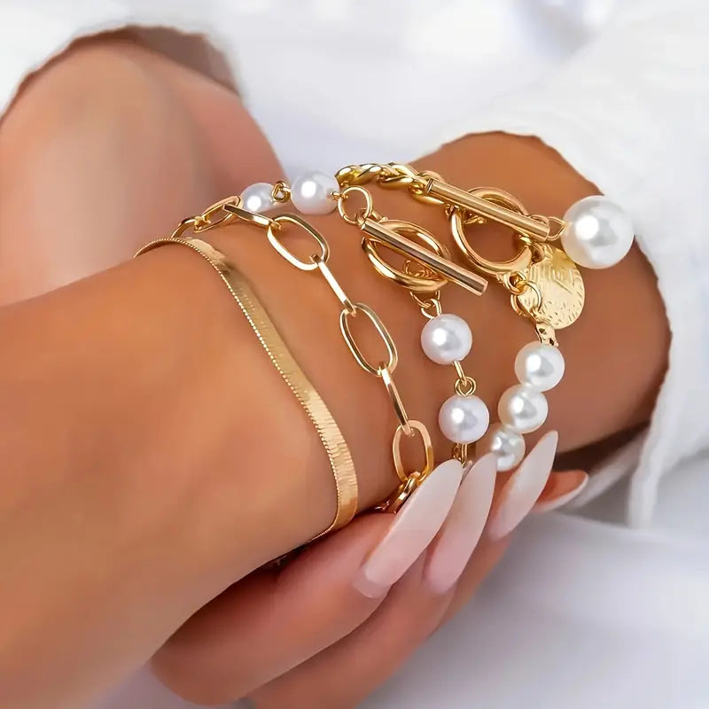 Set di Bracciali Chic in Oro 4 Pezzi - Serpente, Perle & Anelli | Oro
