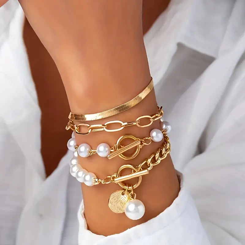 Set di Bracciali Chic in Oro 4 Pezzi - Serpente, Perle & Anelli | Oro