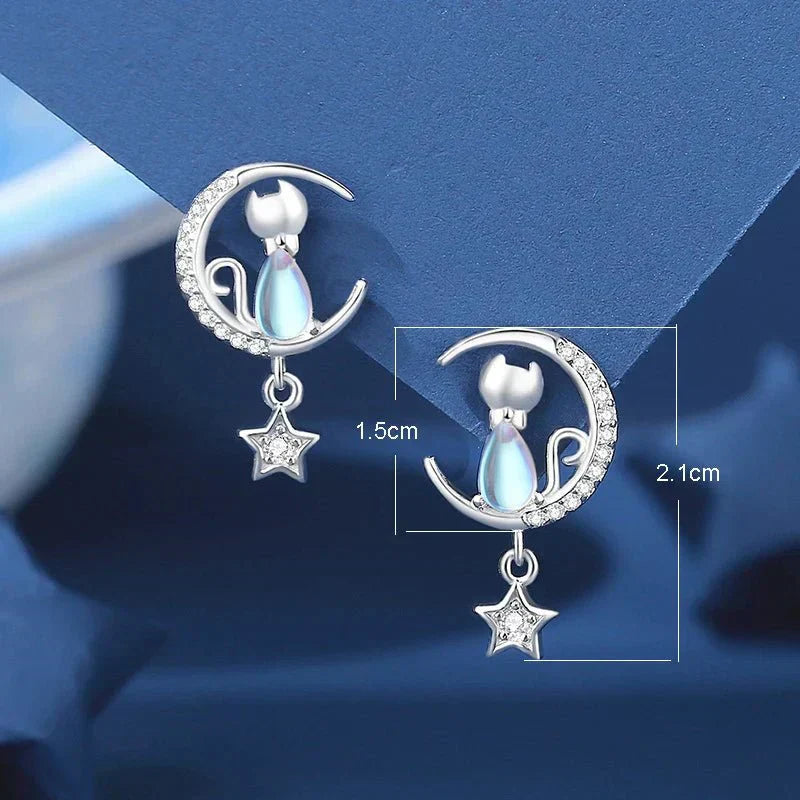 Orecchini color argento a Forma di Luna e Stella con Gatto e Zircone