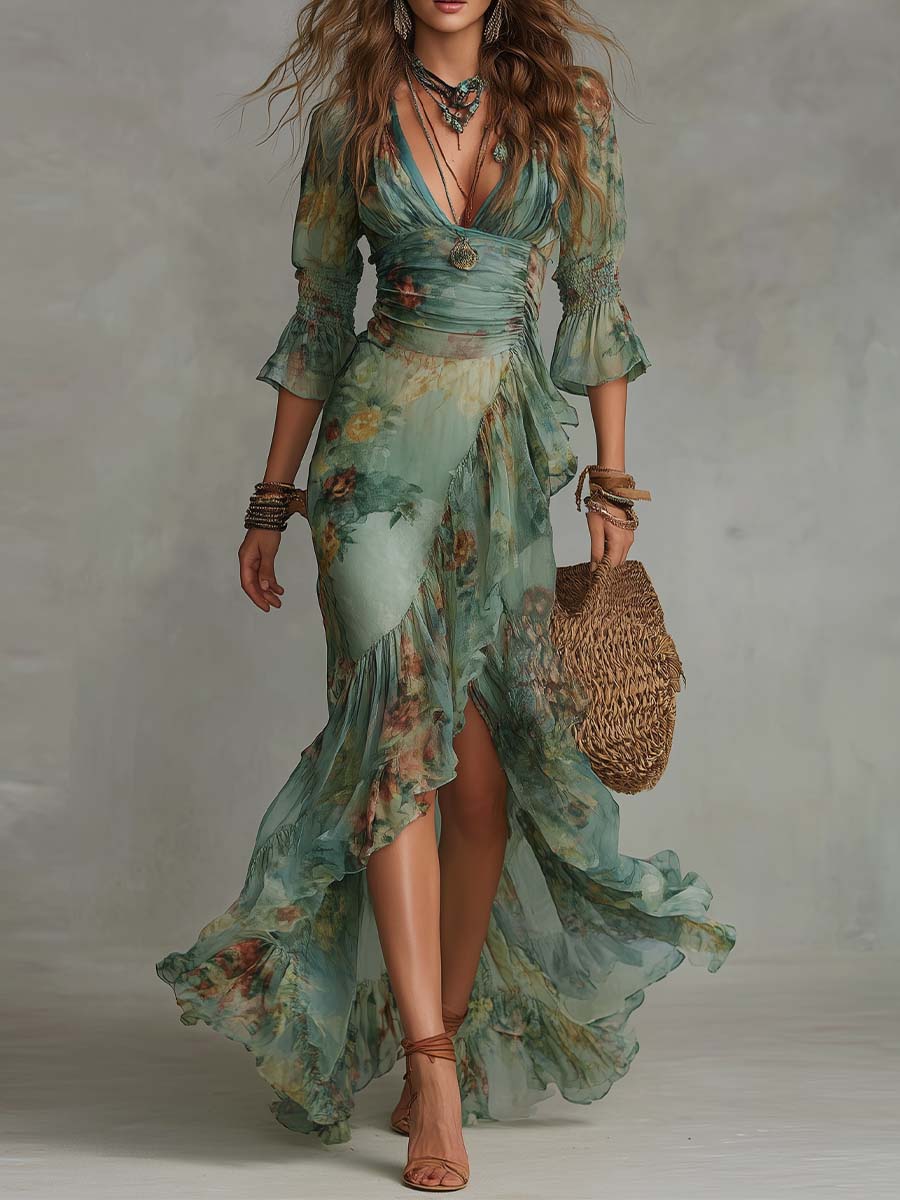 Aurora – Abito Maxi Boho a Fiori con Orlo Asimmetrico Romantico