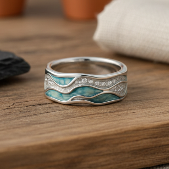 Anello Elegante color argento con Onde Turchesi