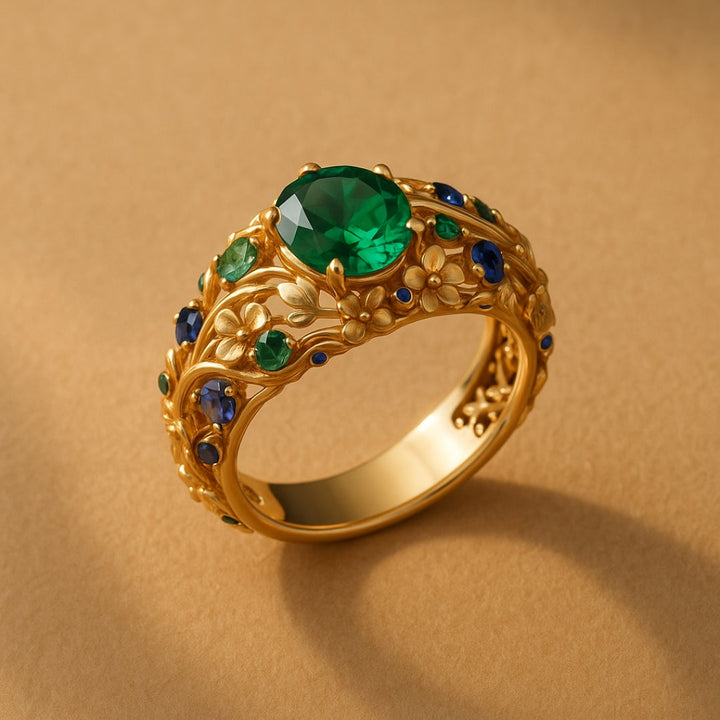 Anello in Cristallo Verde e Blu con Oro