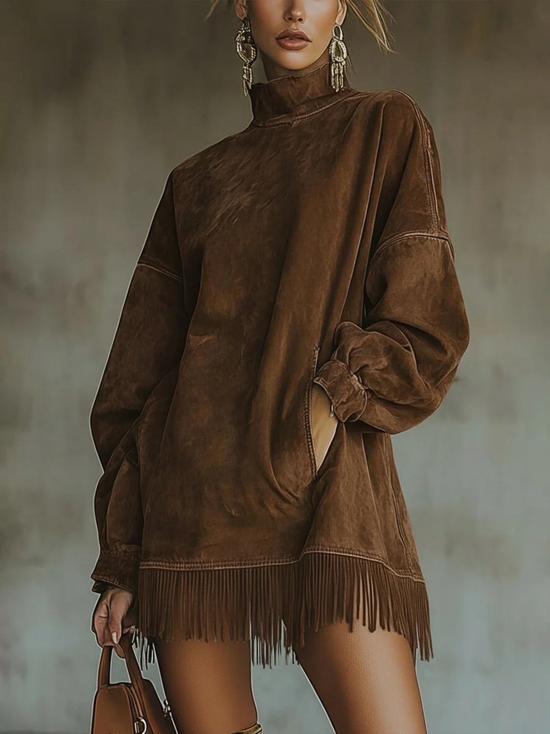 Amalia | Abito in Suede con Frange e Collo Alto
