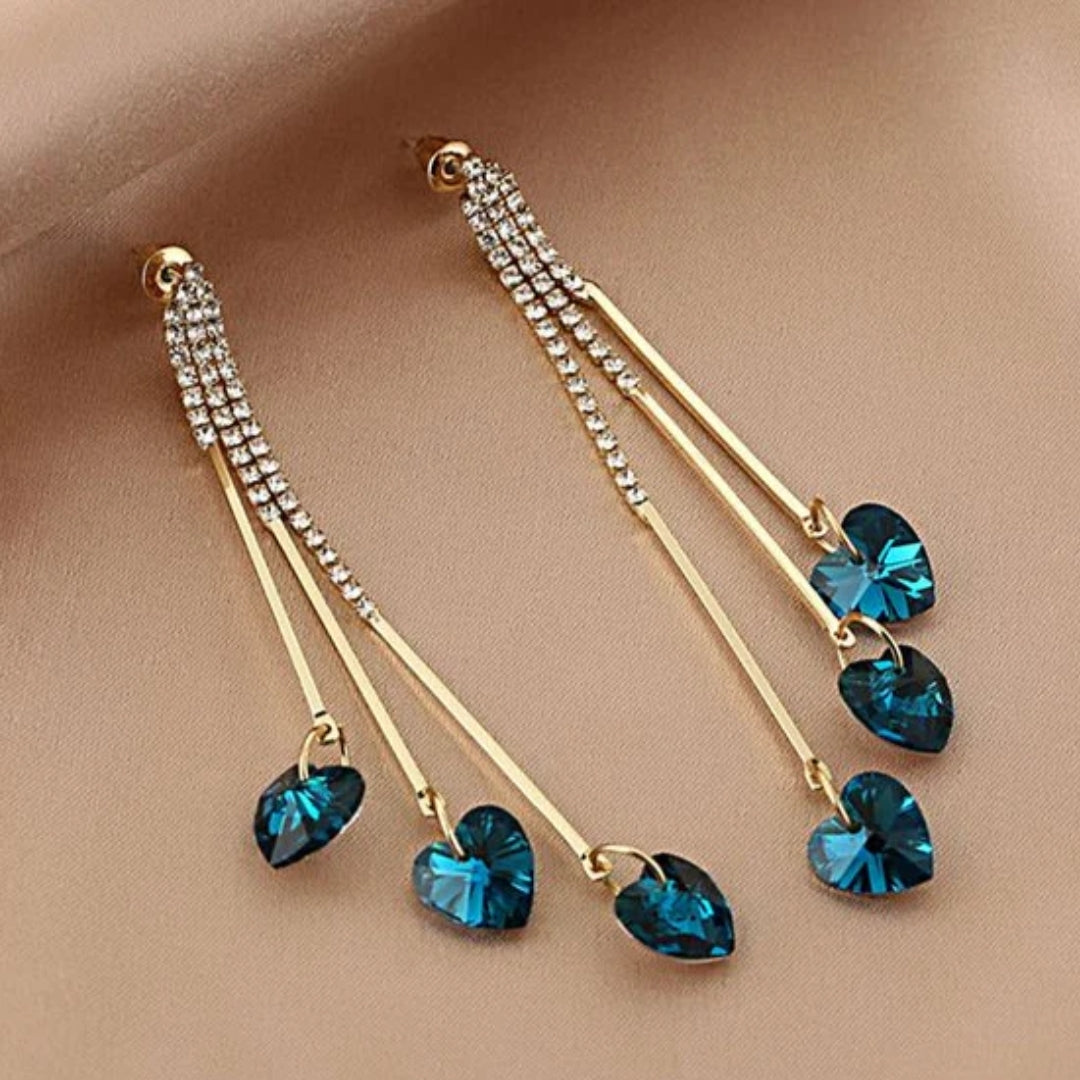 Orecchini a Pioggia di Cuore di Cristallo Blu Elegante