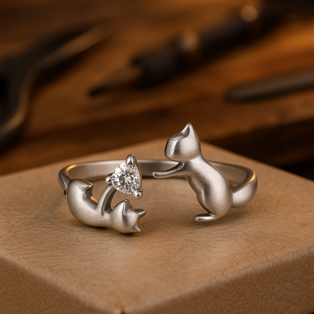 Anello Regolabile color argento a Forma di Gatto Giocoso con Zirconia