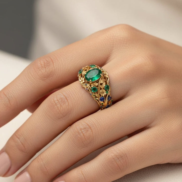 Anello color oro con Cristalli Verdi e Blu