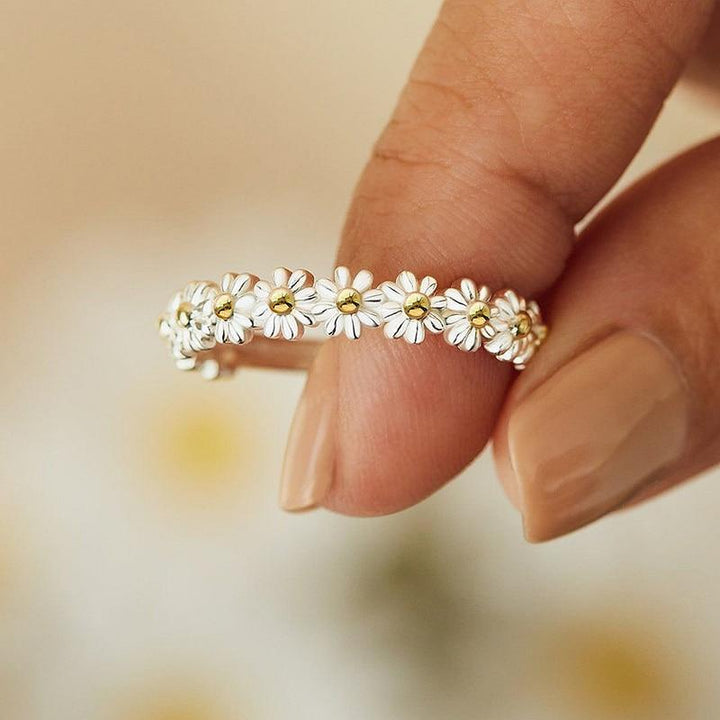 Anello color argento Regolabile e Smalto Dipinto a Mano a Forma di Margherita