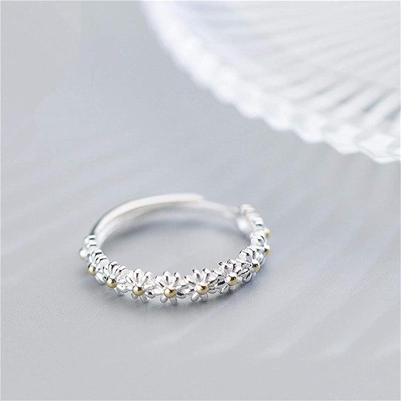 Anello color argento Regolabile e Smalto Dipinto a Mano a Forma di Margherita
