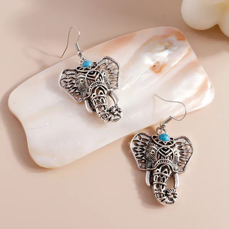 Orecchini a pendente elefante vintage color argento bohemien