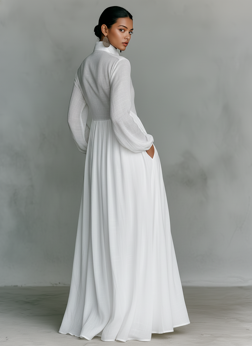 ESSENZIALE - Maxi Abito Minimalista in Cotone e Lino con Patchwork, Collo Alto e Maniche Lunghe
