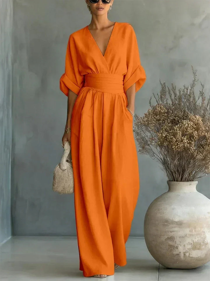 ESSENZIALE - Elegante Tuta Estiva a V con Vita Alta