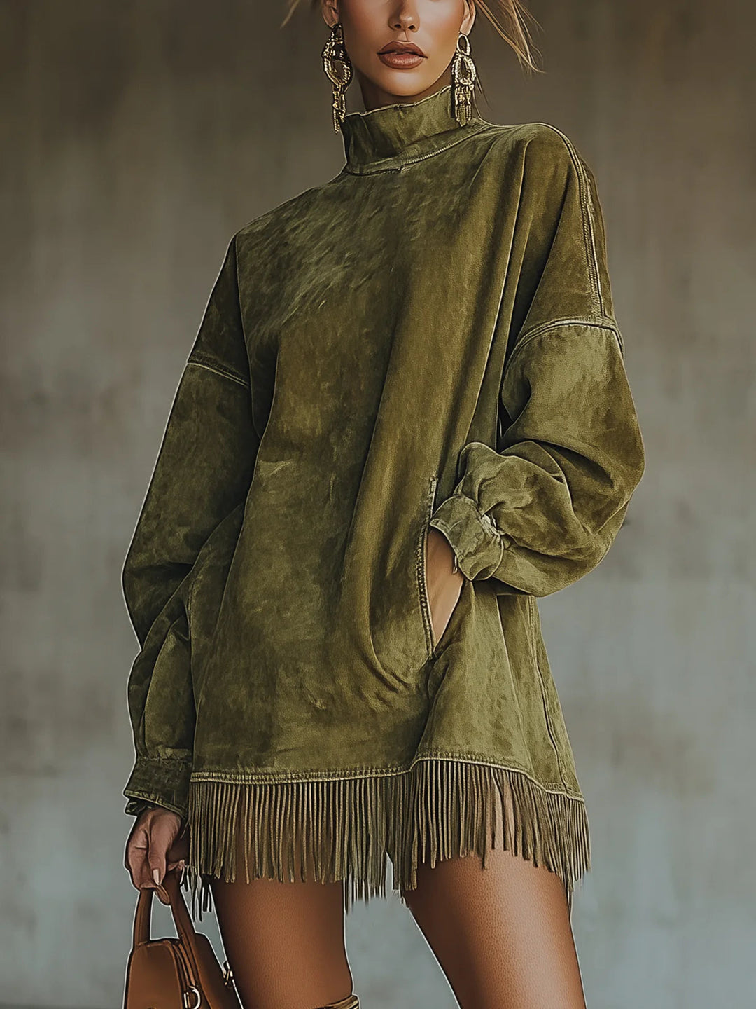 Amalia | Abito in Suede con Frange e Collo Alto