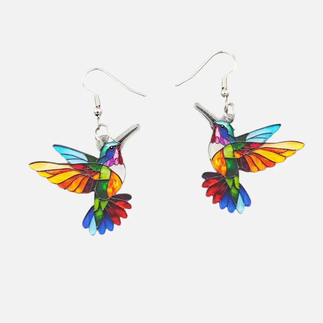 Orecchini a Pendente in Acrilico a Forma di Colibrì – Design di Uccello 2D Brillante