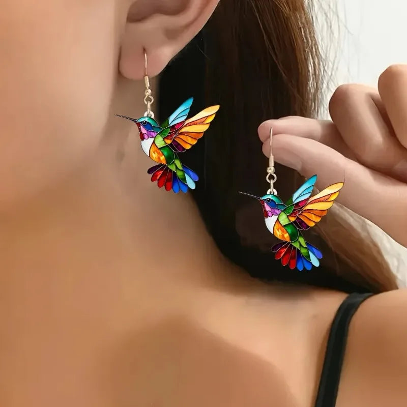 Orecchini a Pendente in Acrilico a Forma di Colibrì – Design di Uccello 2D Brillante