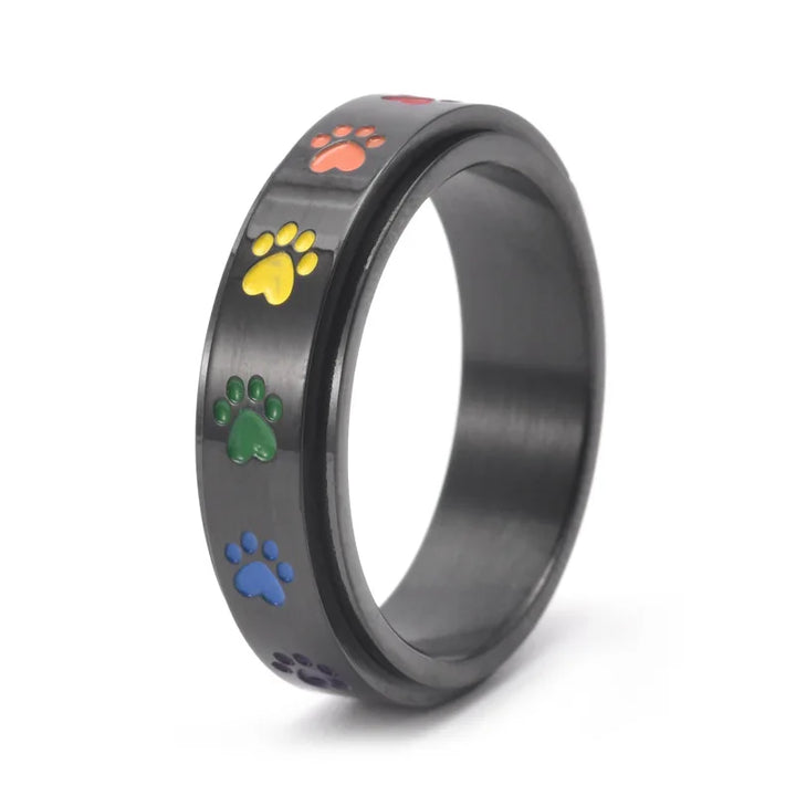 Anello Antistress Rotante – Acciaio Inossidabile con Zampe Arcobaleno