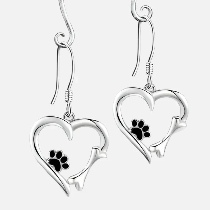 Orecchini a Pendente color argento con Design a Cuore e Zampa